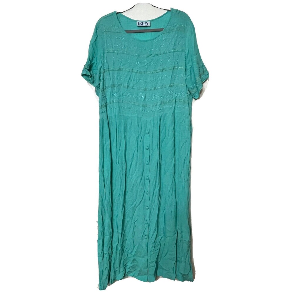 Vintage‎ BFA Classics Dress Long Maxi Short Sleeve Button Up Green Large Cottage